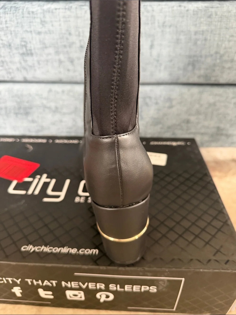 City Chic Priscilla Black Over-The-Knee Block Heel Boots with Gold Accent